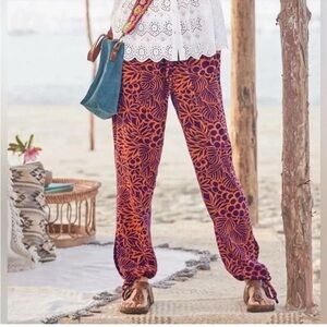 Sundance Floral Print Purple and Orange Drawstring Hem Pants, Large